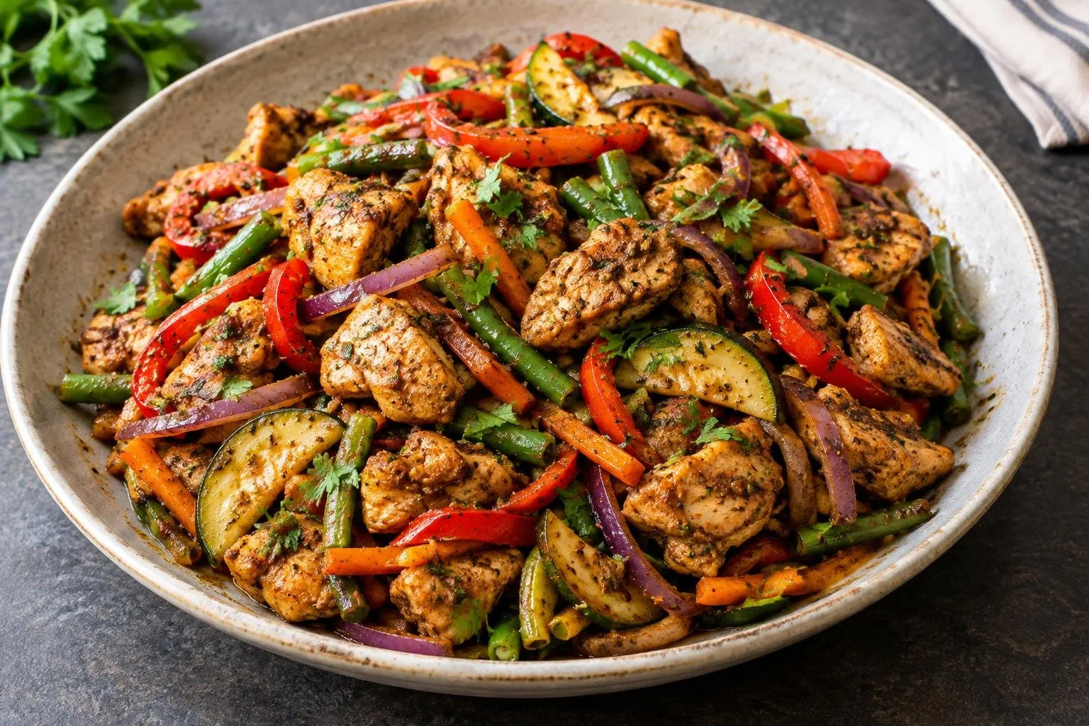 Lebanese Spiced Stir-Fried Chicken with Seasonal Vegetables plated and ready to serve