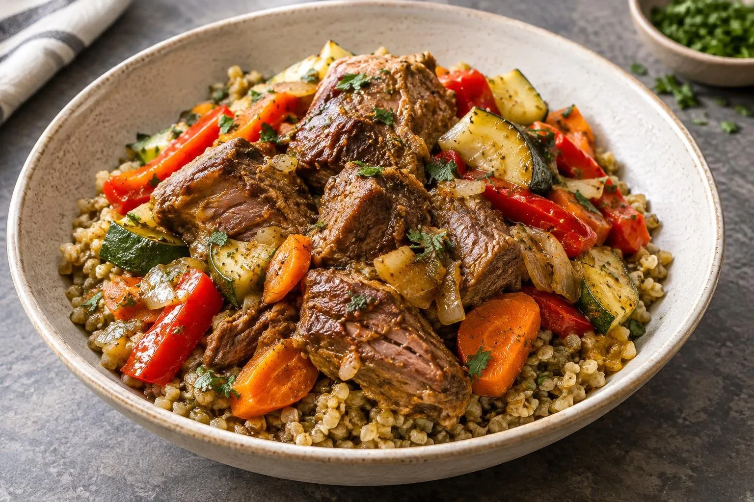 Lebanese Pressure-Cooked Lamb and Freekeh Grain Bowl plated and ready to serve