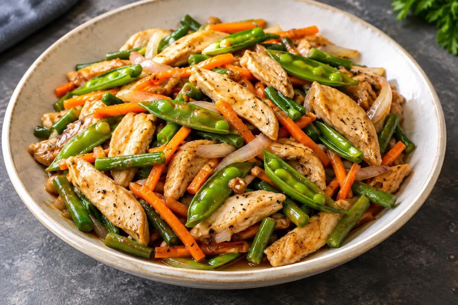 Chicken and Vegetable Lumpia Stir-Fry plated and ready to serve