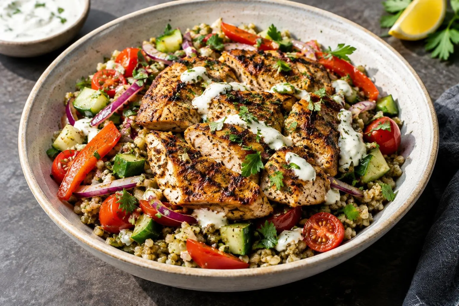 Lebanese Grilled Chicken with Freekeh Grain Bowl plated and ready to serve