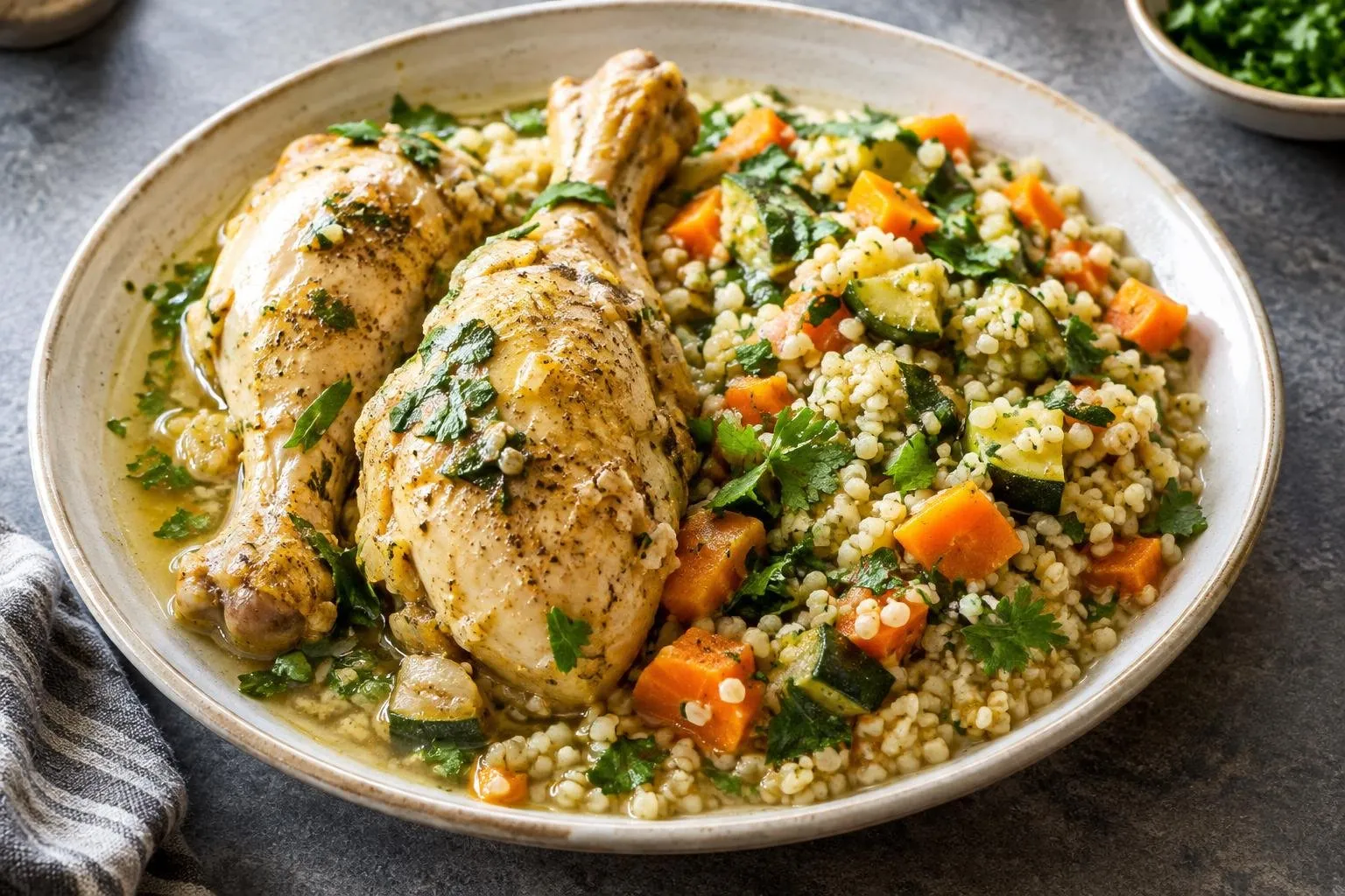 Lebanese Poached Chicken with Herb and Grain Stew plated and ready to serve