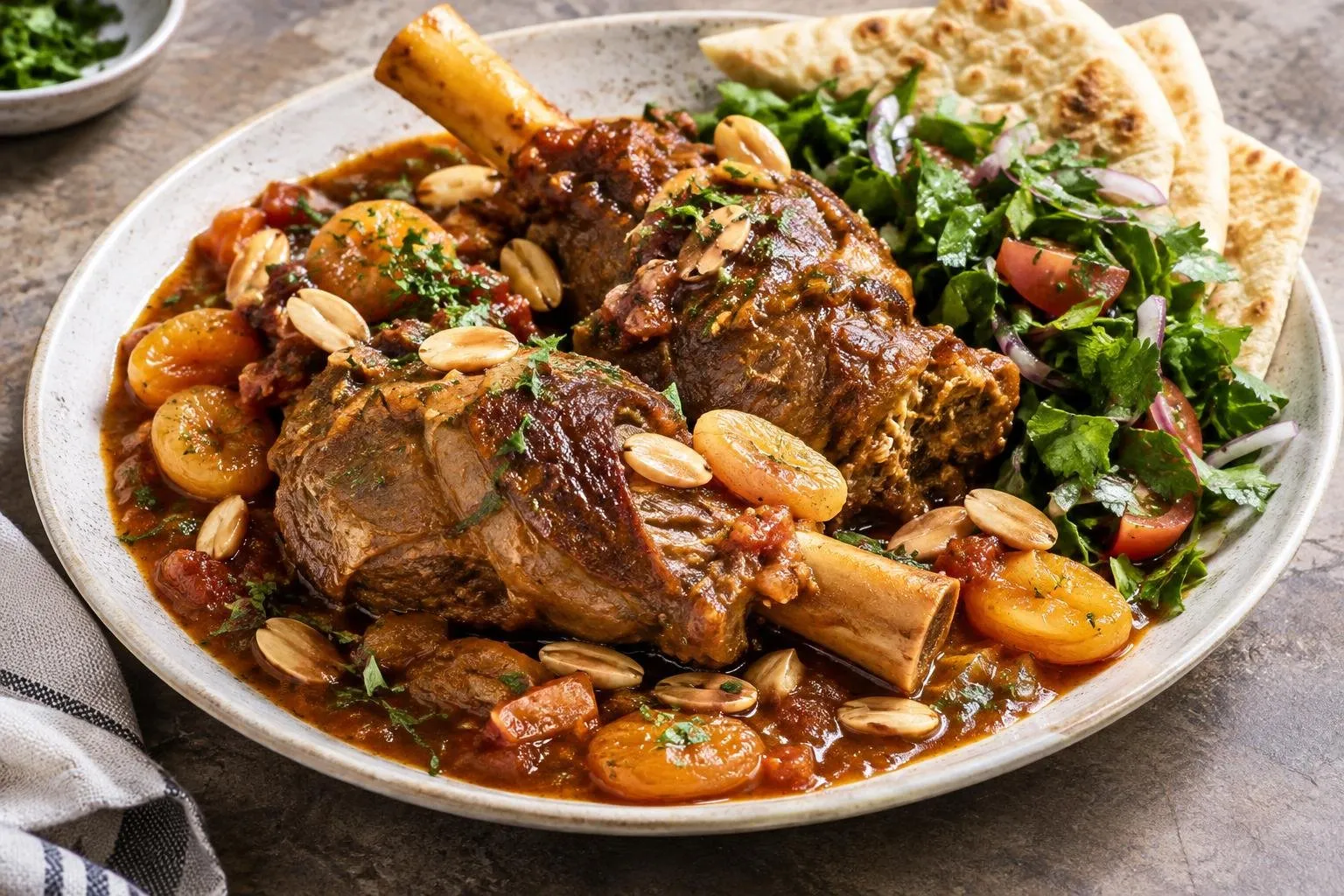 Lebanese Slow-Braised Lamb with Apricots and Almonds plated and ready to serve