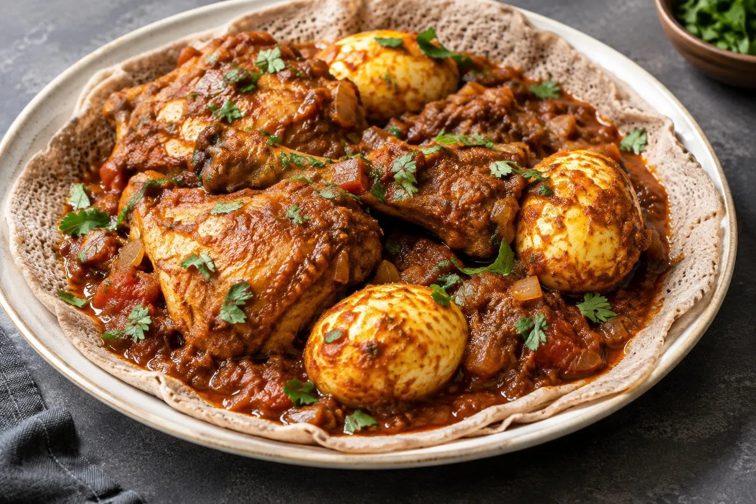 Ethiopian Doro Wat with Poached Hard-Boiled Eggs plated and ready to serve