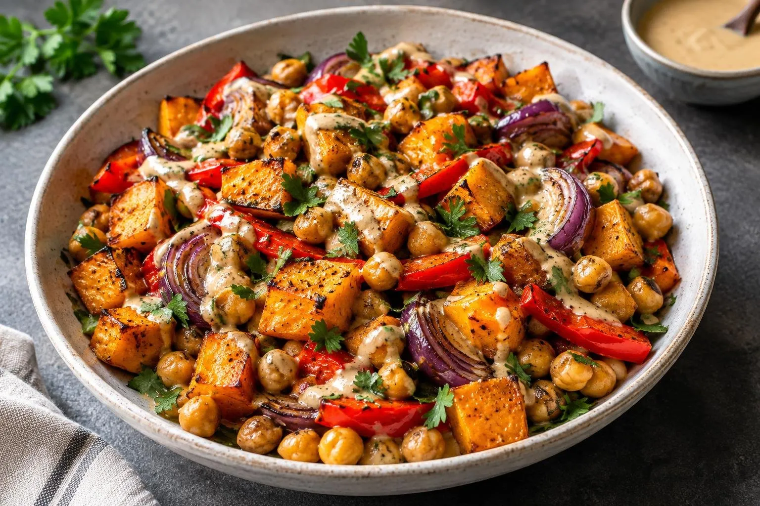 Grilled Autumn Vegetable and Chickpea Salad with Maple Tahini Dressing plated and ready to serve