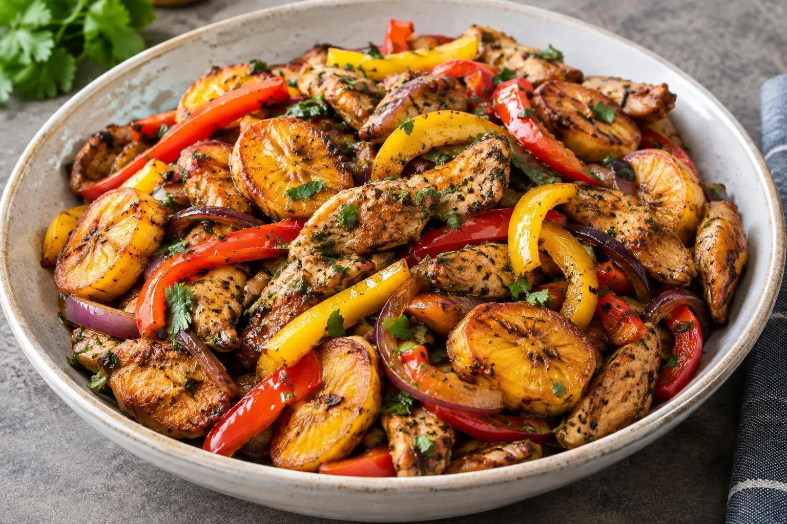 Jerk Chicken Stir-Fry with Sweet Plantains and Bell Peppers plated and ready to serve
