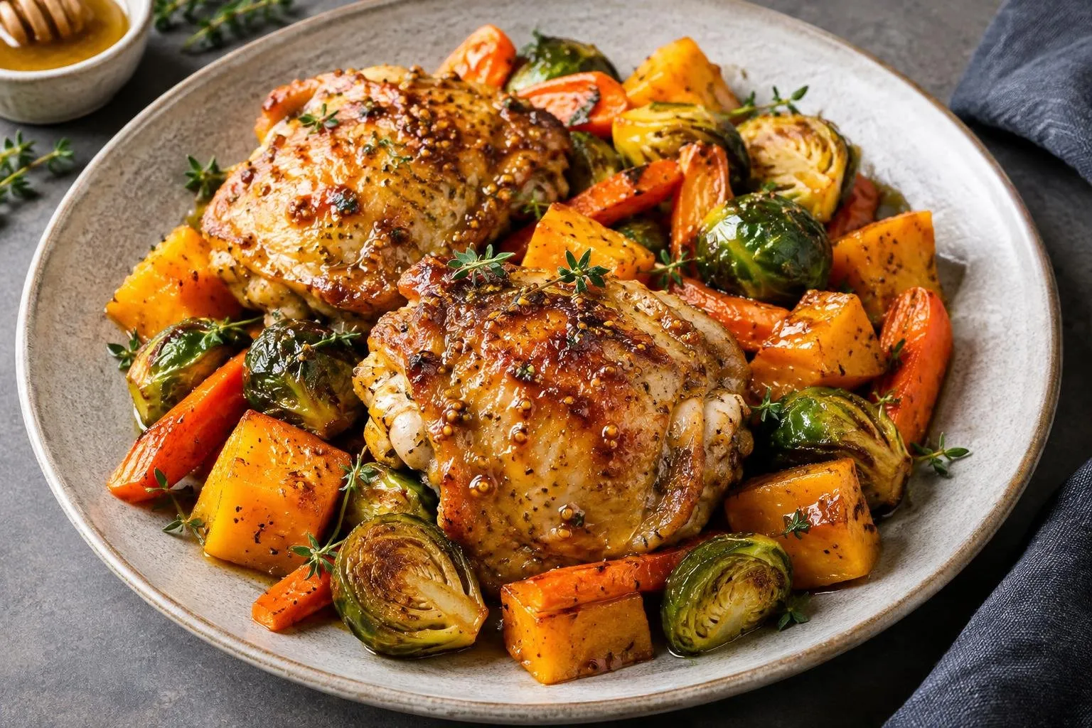 Honey-Mustard Glazed Chicken with Roasted Autumn Vegetables plated and ready to serve