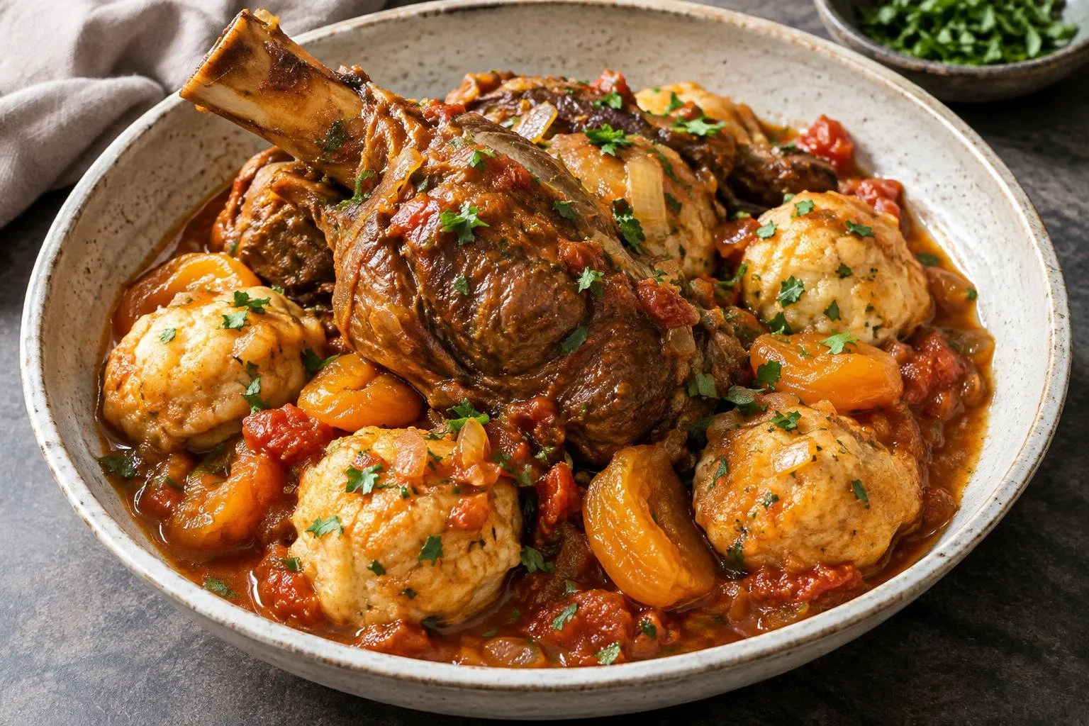 Slow-Braised Lebanese Lamb with Apricot Dumplings plated and ready to serve