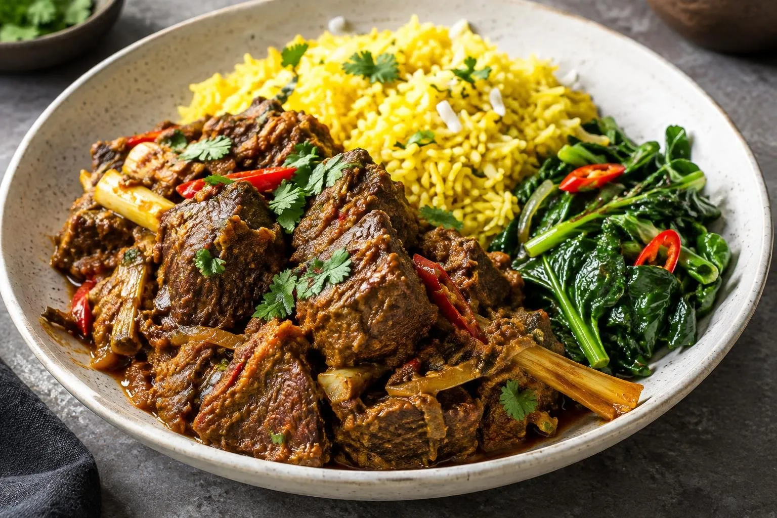 Braised Indonesian Beef Rendang with Coconut and Turmeric Rice plated and ready to serve