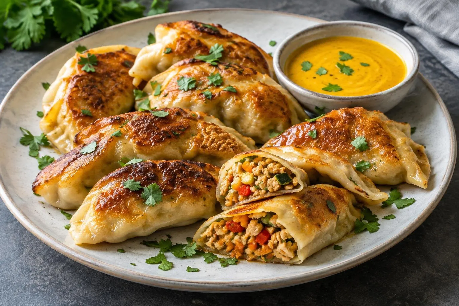 Peruvian Chicken and Vegetable Dumplings plated and ready to serve