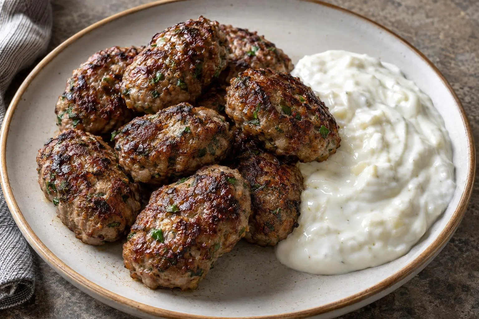 Pan-Fried Köfte with Garlic Yogurt plated and ready to serve