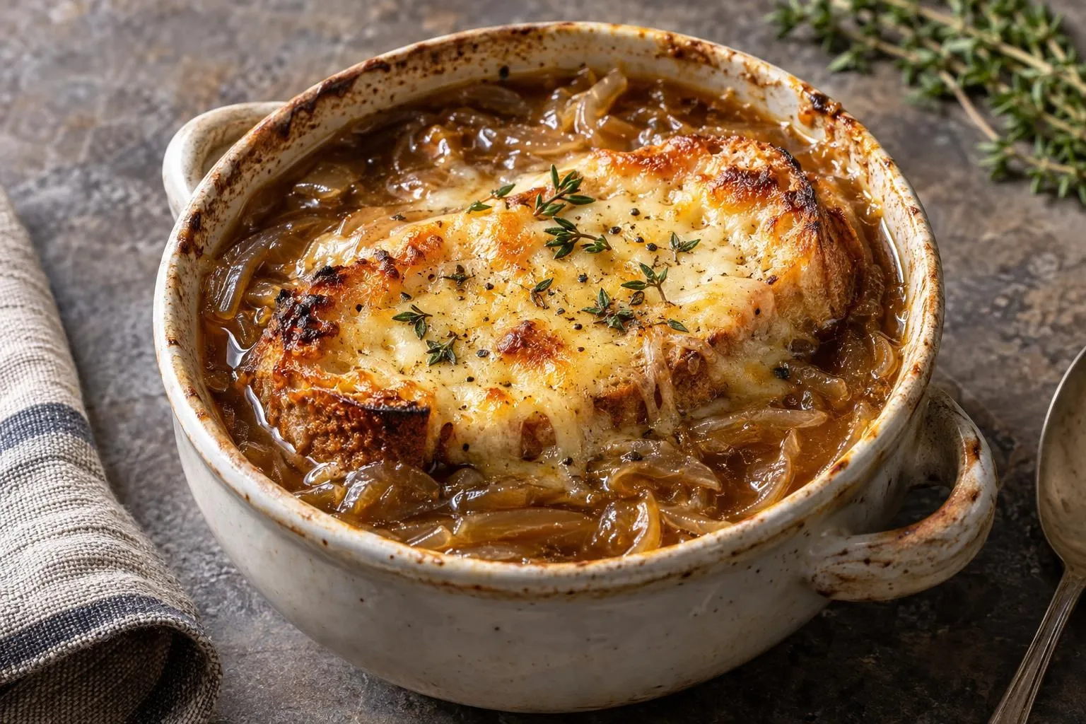 French onion soup plated and ready to serve