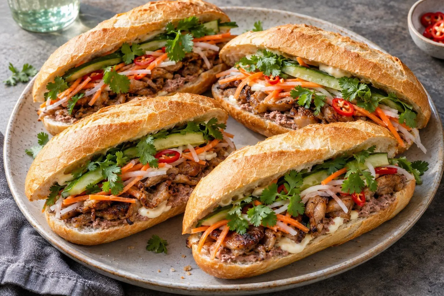 Bánh mì with lemongrass pork plated and ready to serve
