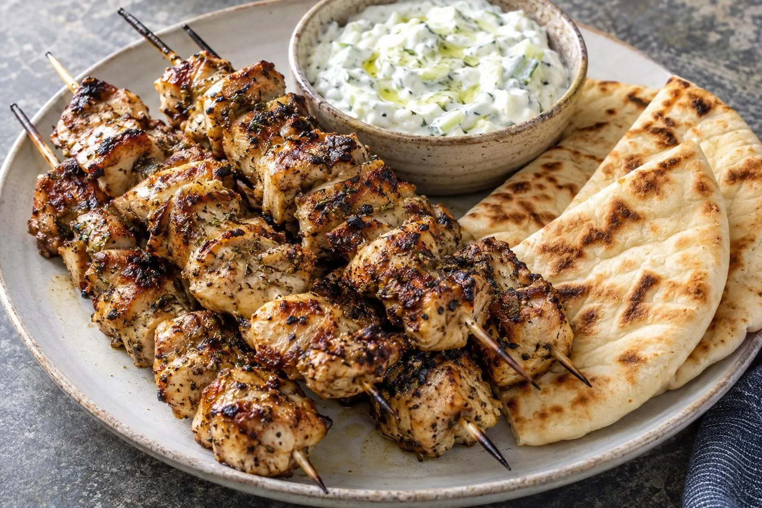 Chicken souvlaki with tzatziki plated and ready to serve
