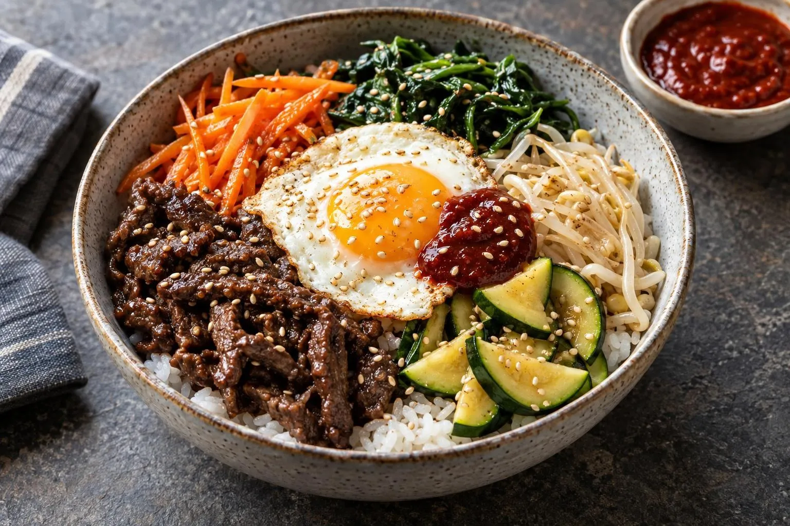 Bibimbap with Gochujang Sauce plated and ready to serve