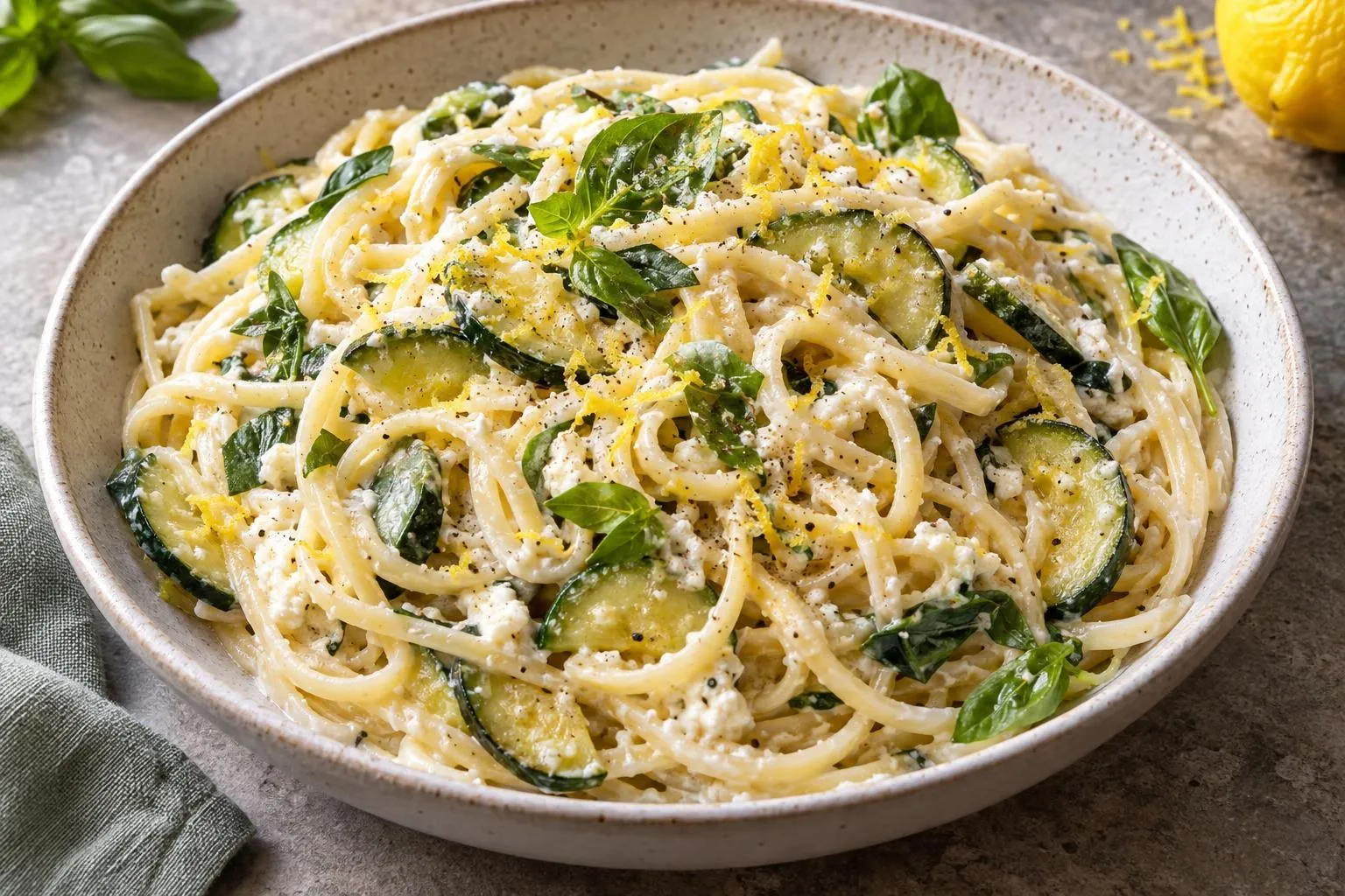 Lemony courgette pasta with ricotta and basil plated and ready to serve