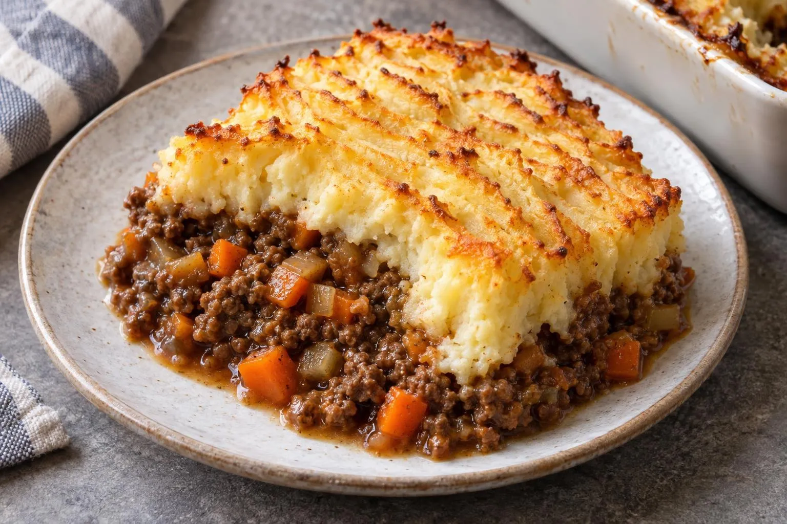 Cottage pie with golden mashed potato plated and ready to serve