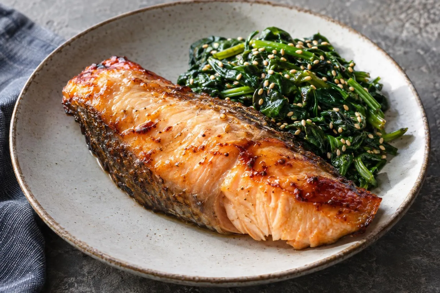 Miso-glazed salmon with sesame greens plated and ready to serve