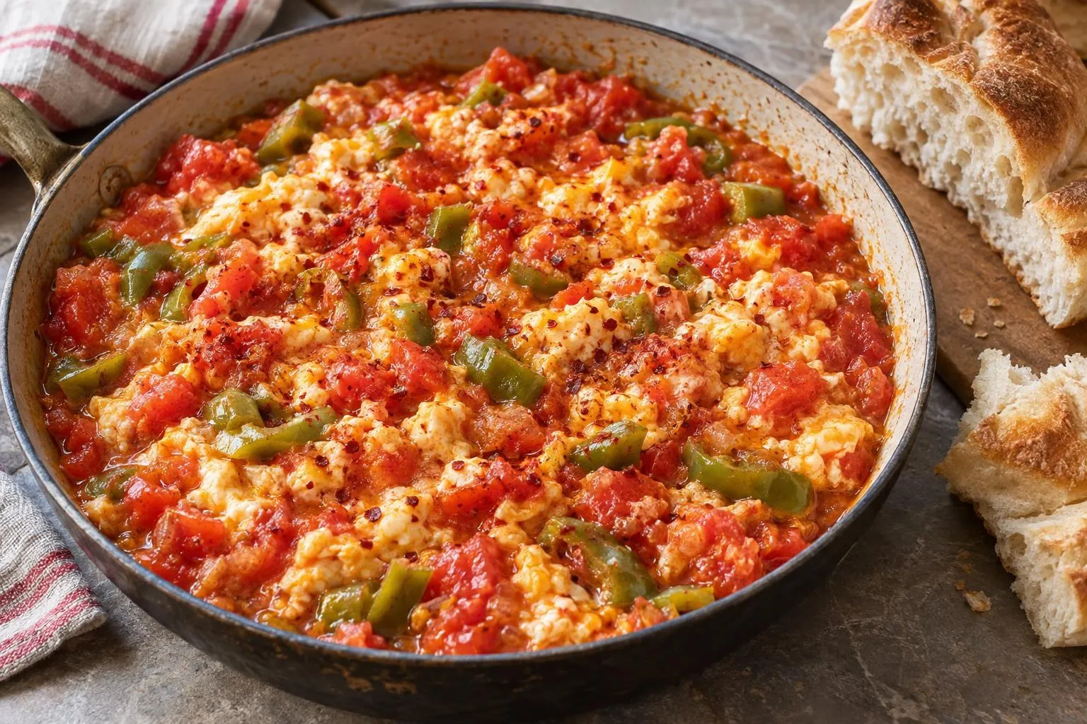 Menemen with Softly Scrambled Eggs plated and ready to serve
