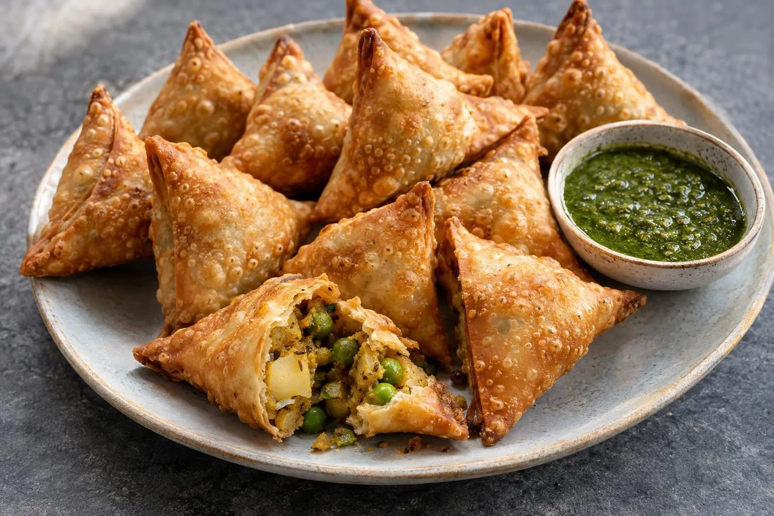 Vegetable samosas with mint chutney plated and ready to serve