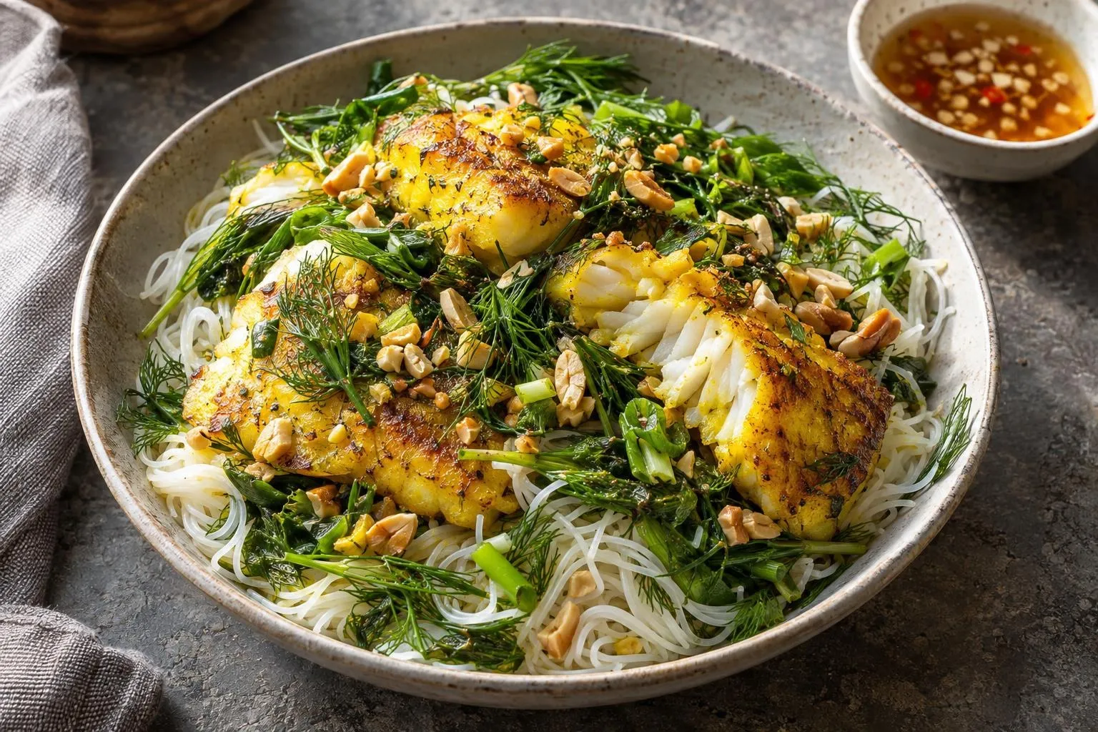 Turmeric fish with dill and rice noodles plated and ready to serve