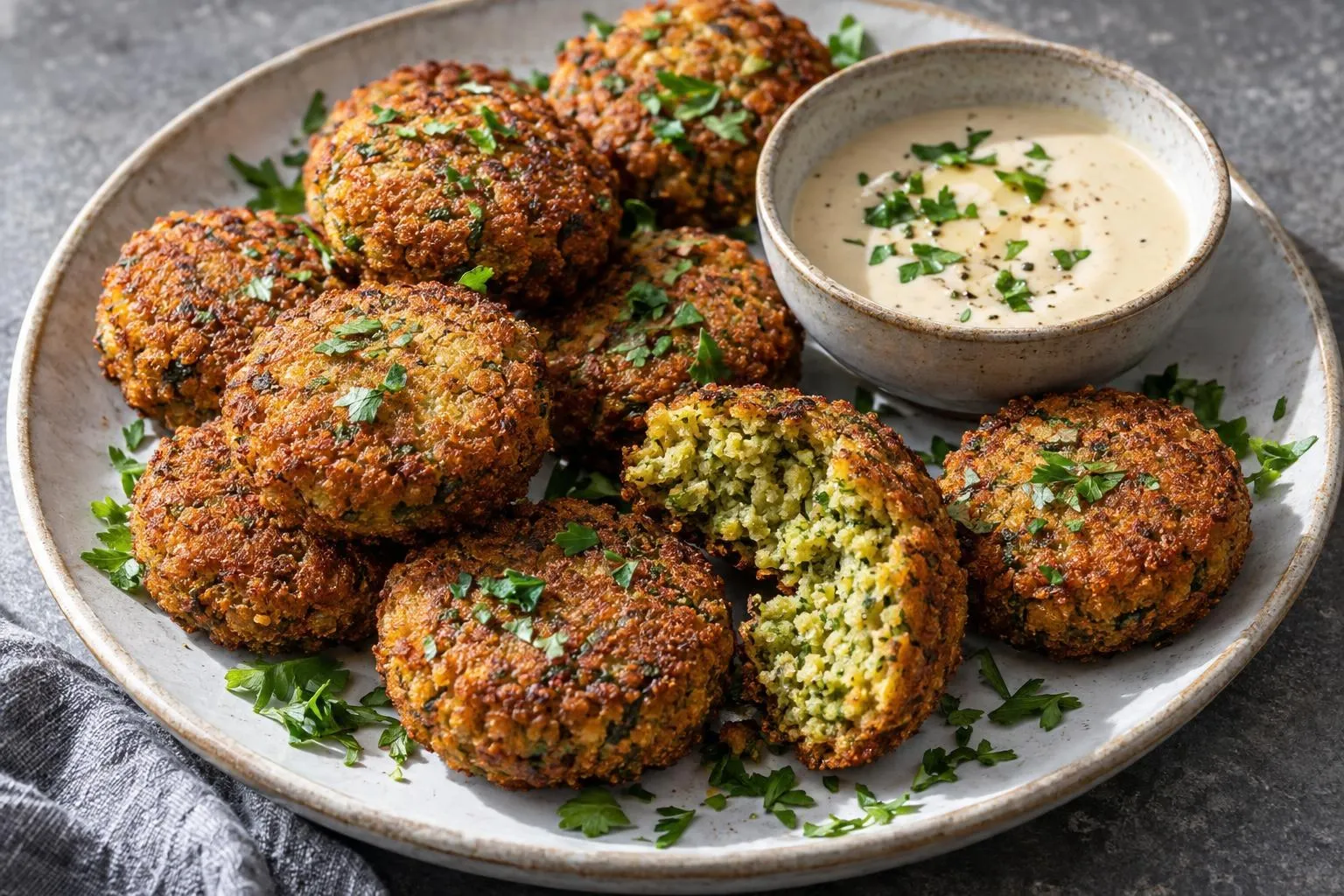 Falafel with Lemon Tahini plated and ready to serve