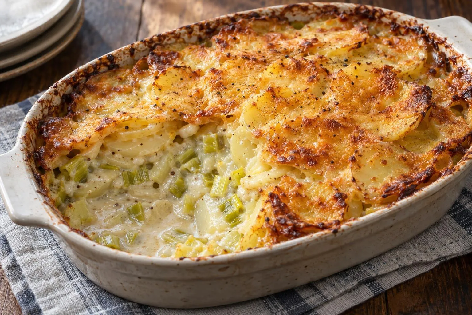 Cheddar and leek potato pie plated and ready to serve