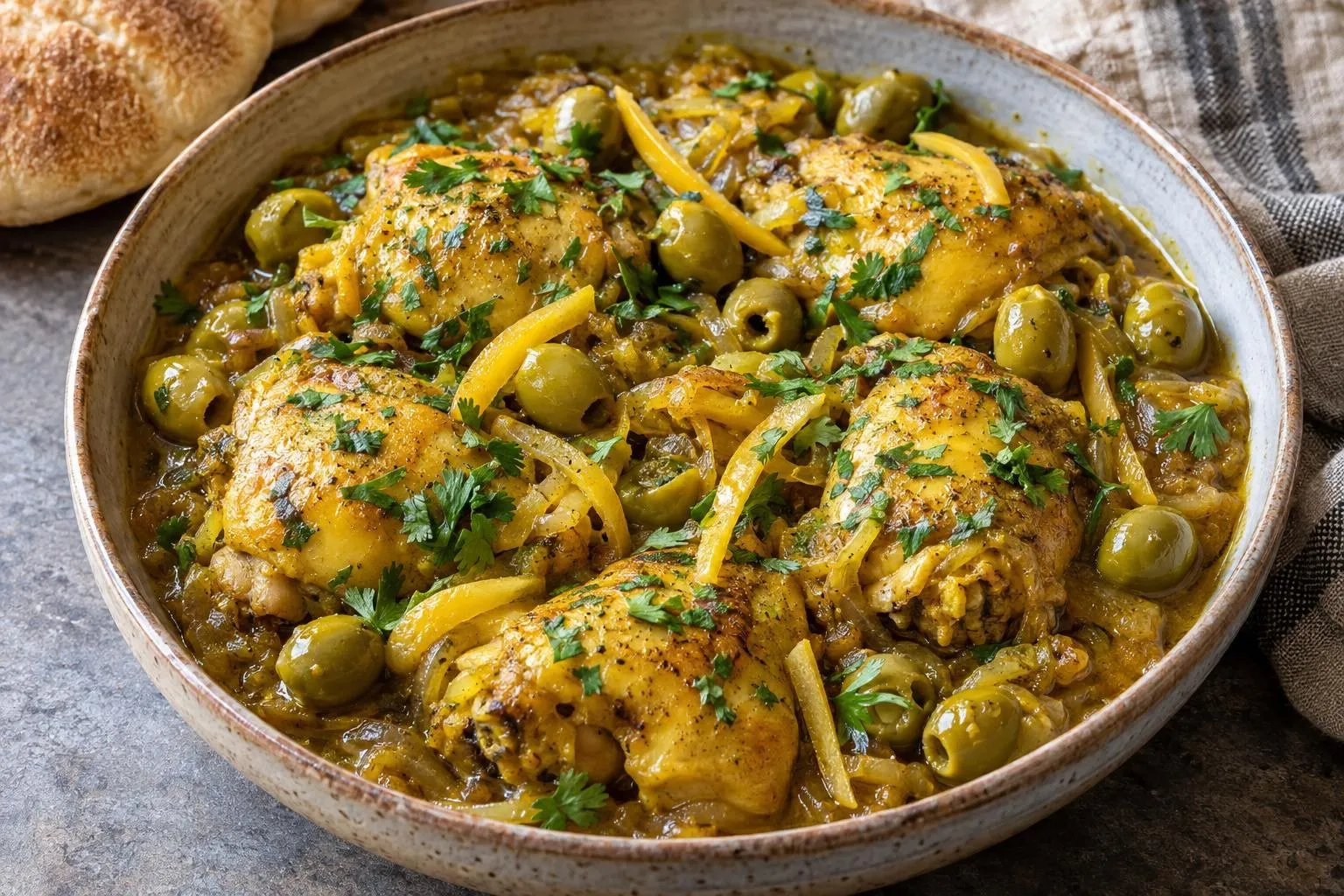 Chicken tagine with preserved lemon and green olives plated and ready to serve