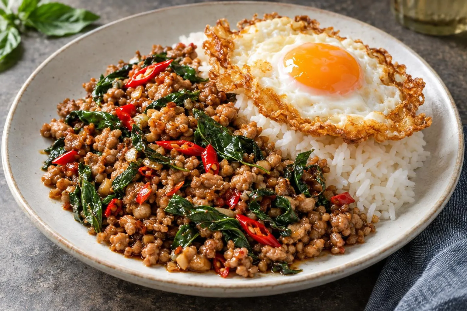Pad kra pao with crispy fried egg plated and ready to serve