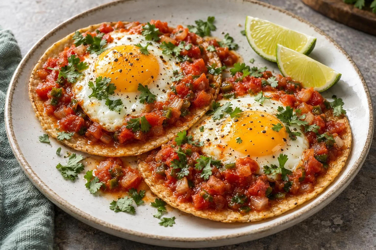 Huevos rancheros with tomato-jalapeño salsa plated and ready to serve