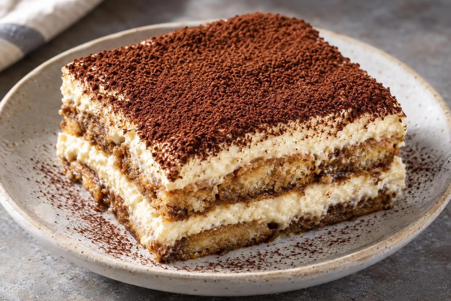Tiramisu with Espresso-Dipped Ladyfingers plated and ready to serve