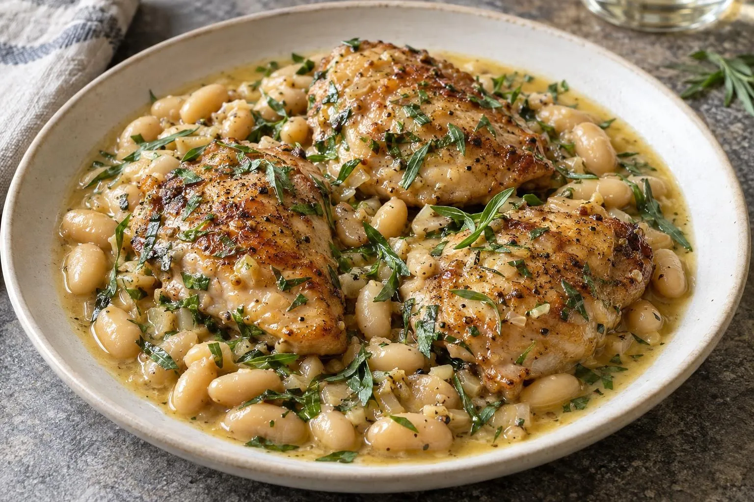 Tarragon mustard chicken with white beans plated and ready to serve