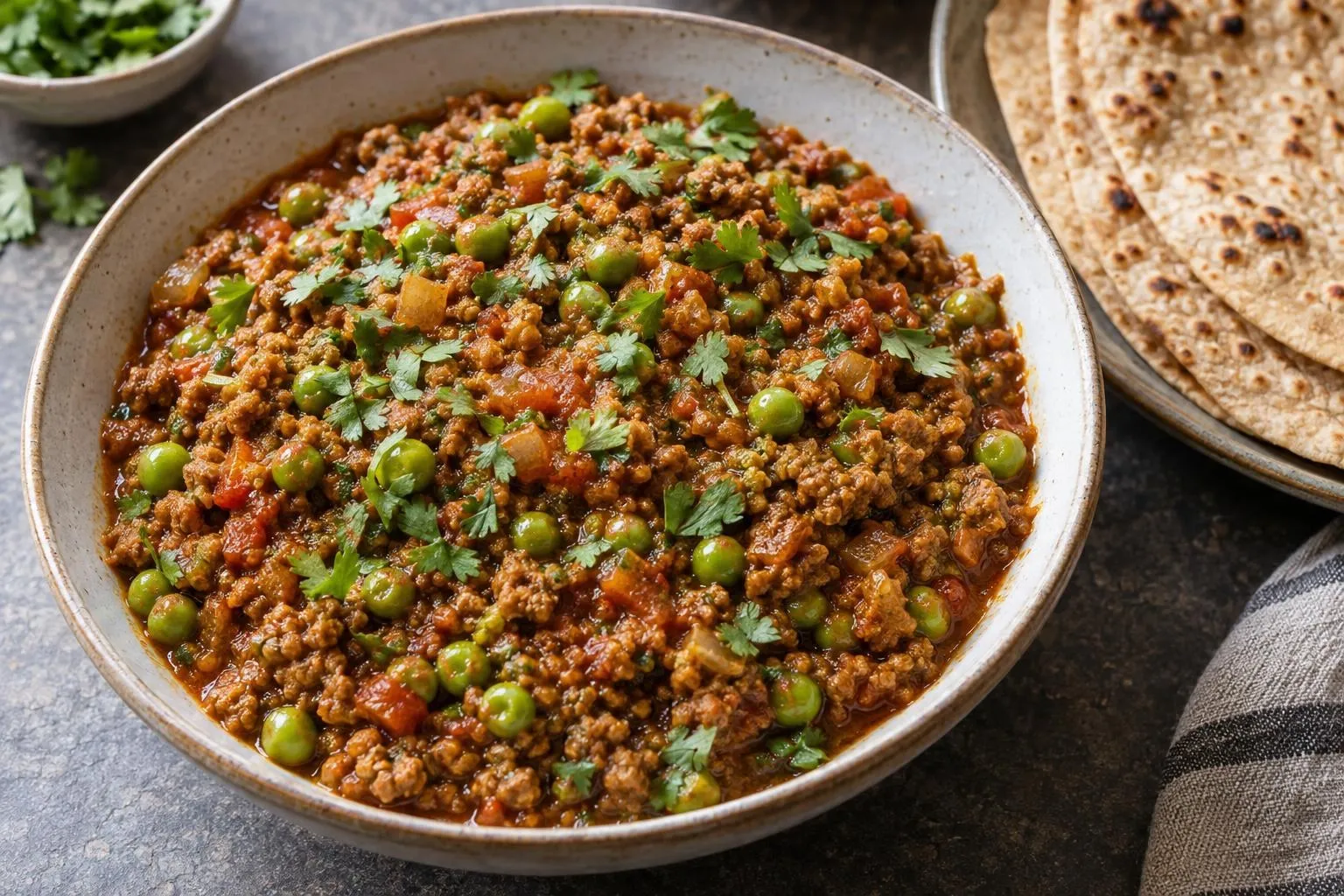 Keema curry with peas plated and ready to serve