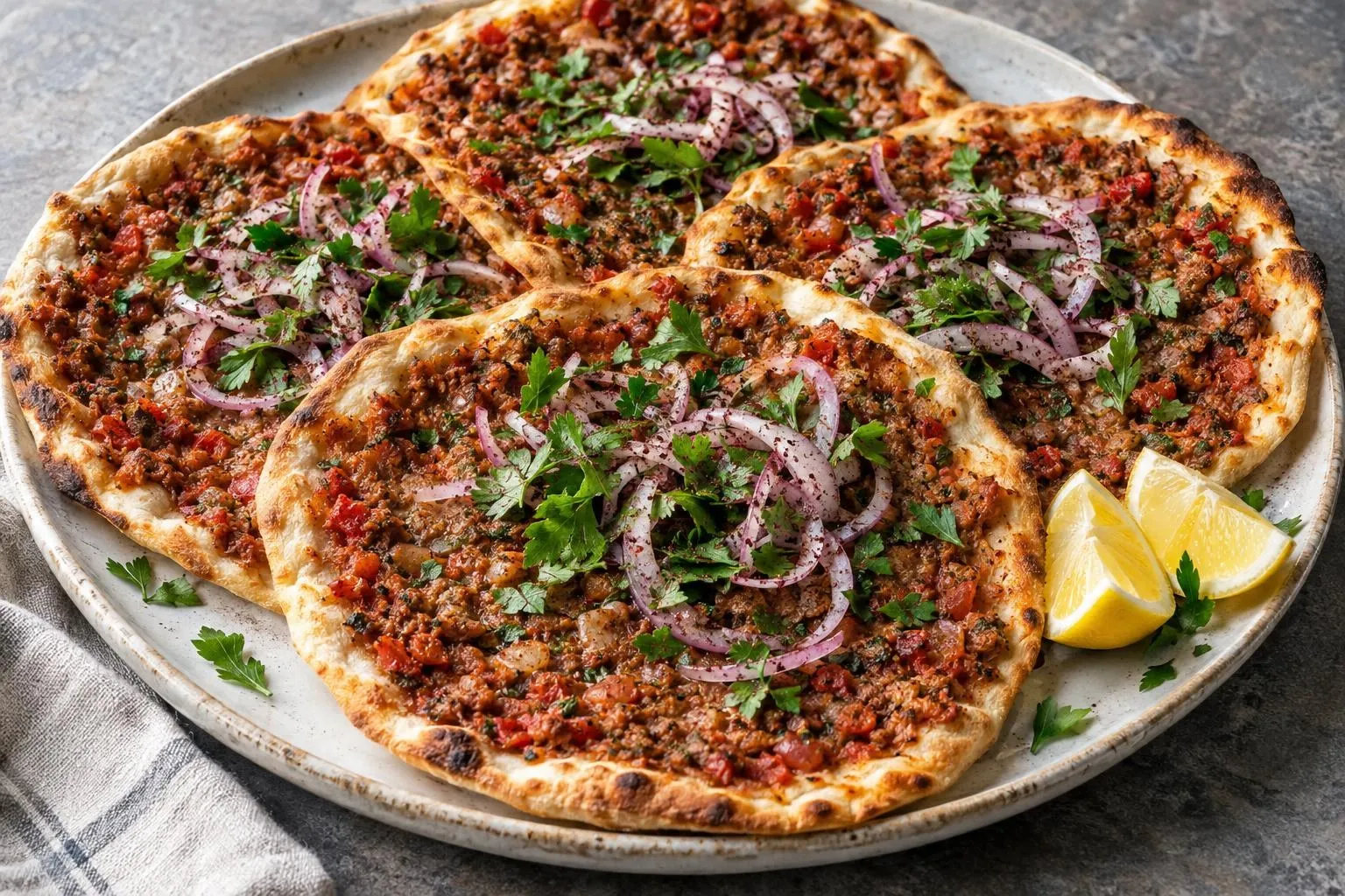 Spiced lamb flatbreads with sumac onions plated and ready to serve