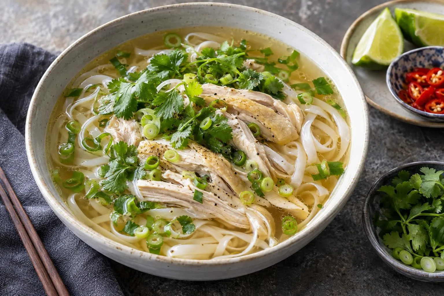 Pho ga with charred ginger and onion plated and ready to serve
