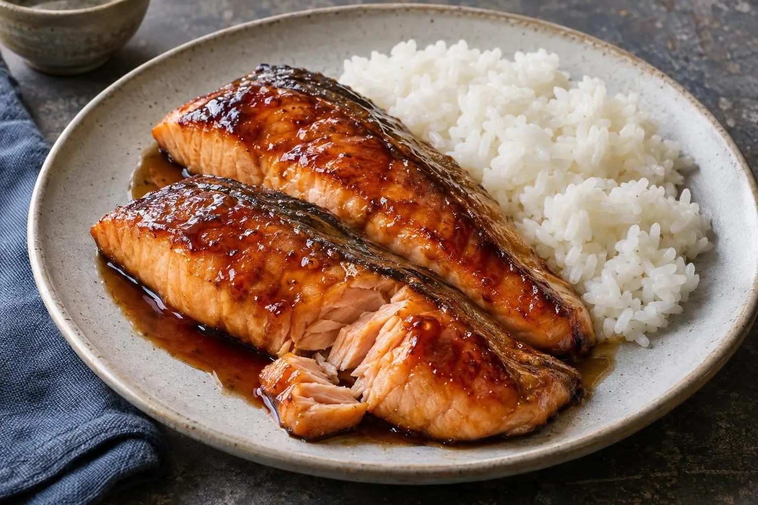 Teriyaki salmon with a glossy soy–mirin glaze plated and ready to serve