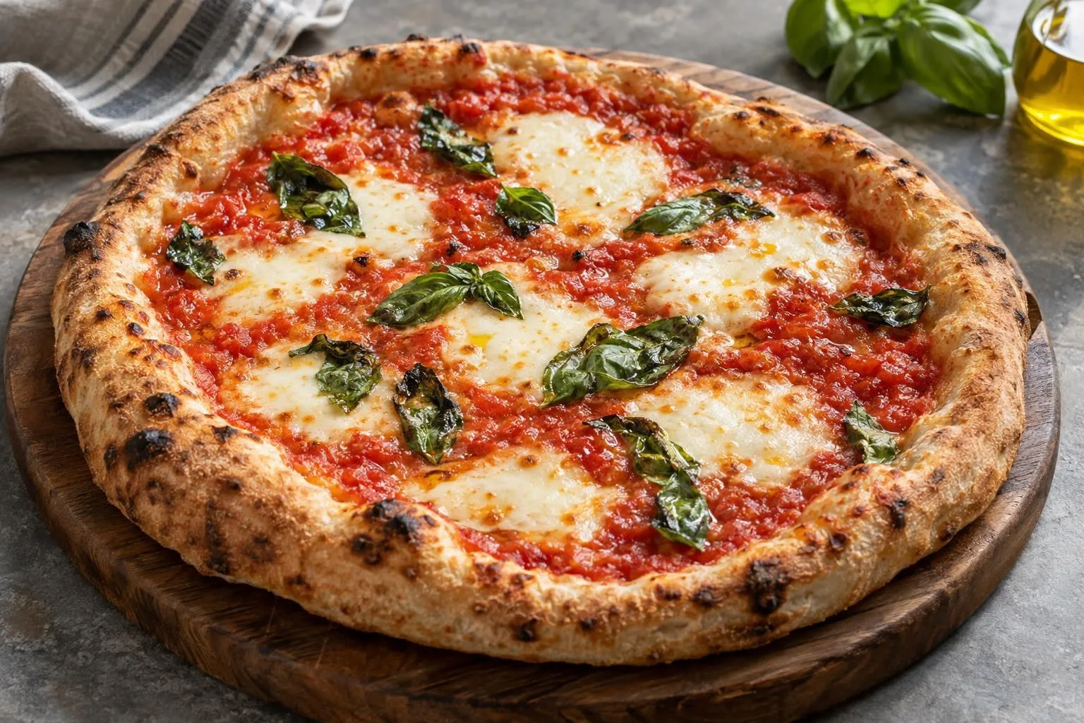 Margherita pizza with no-cook tomato sauce plated and ready to serve