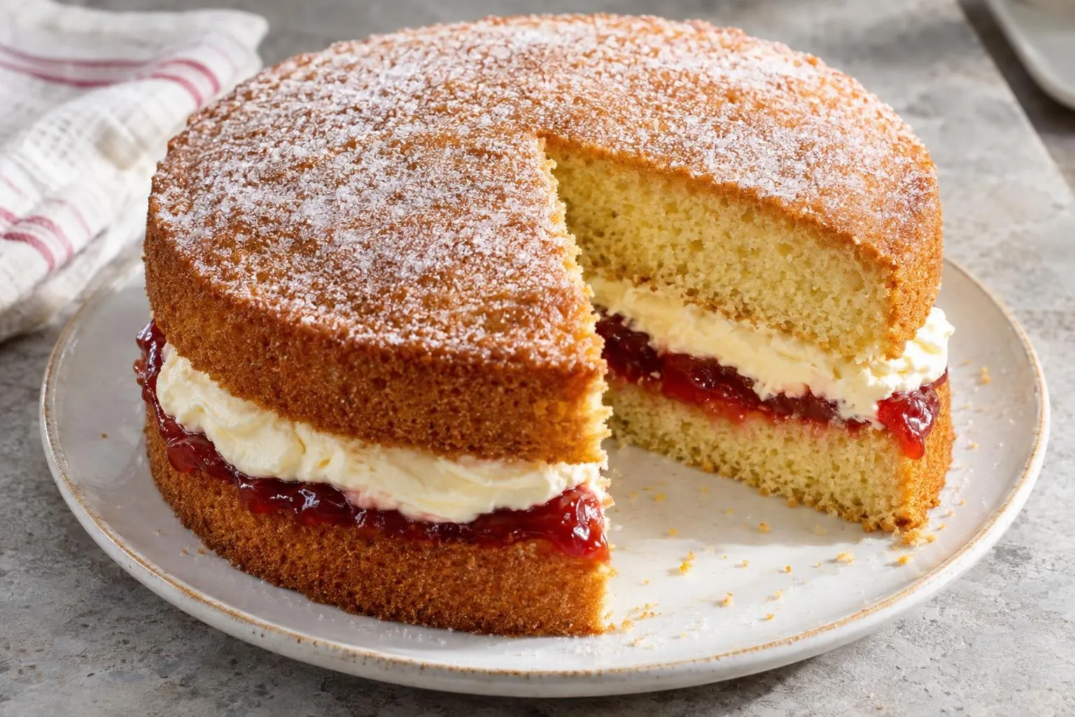 Victoria sponge cake with jam and cream plated and ready to serve