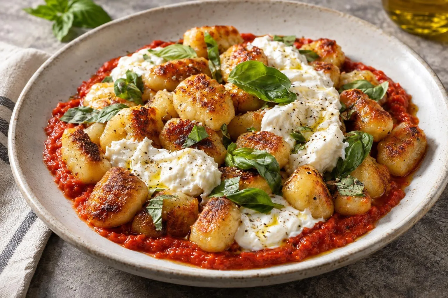 Crispy gnocchi with roasted peppers and burrata plated and ready to serve