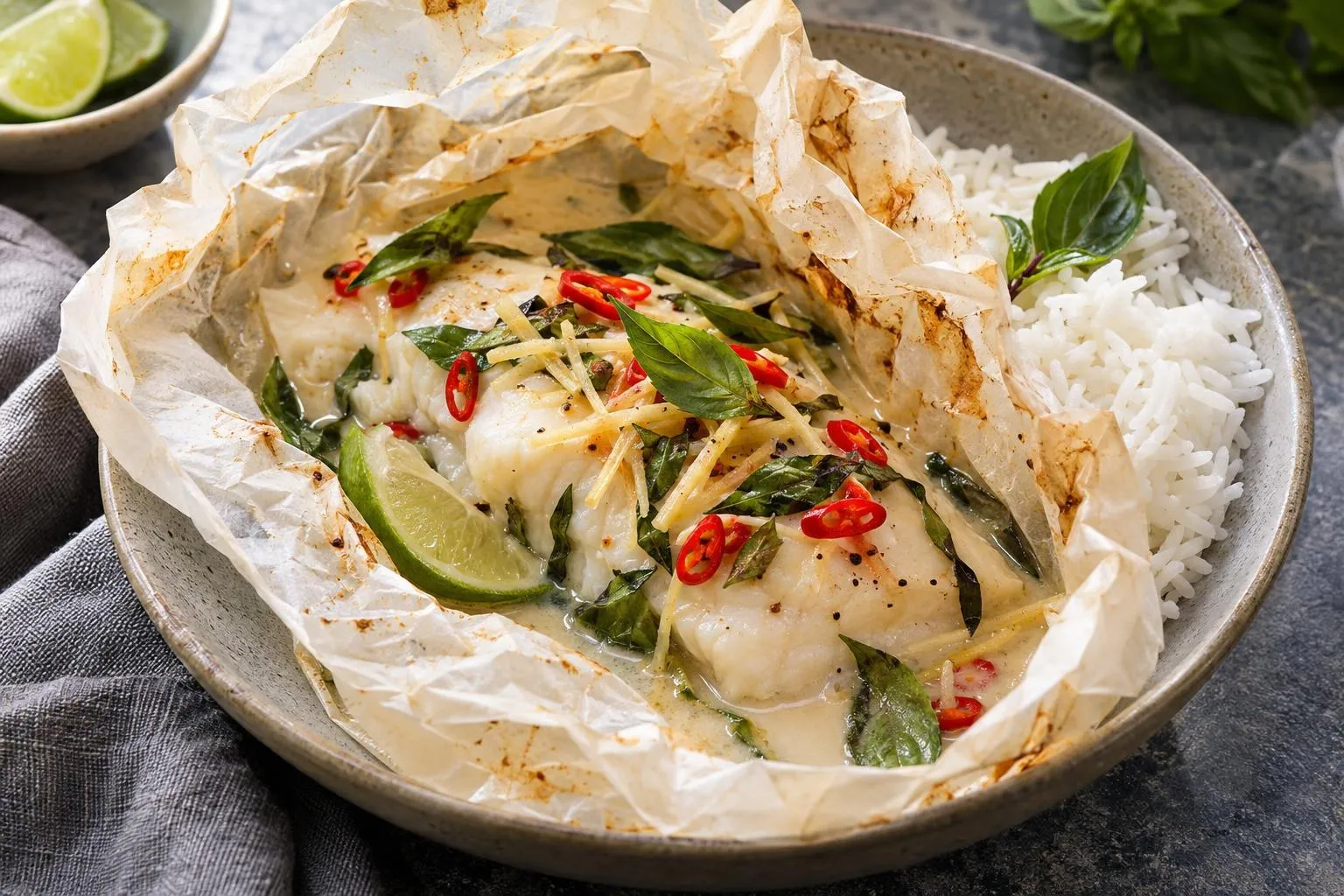 Coconut lime fish parcels with Thai basil plated and ready to serve