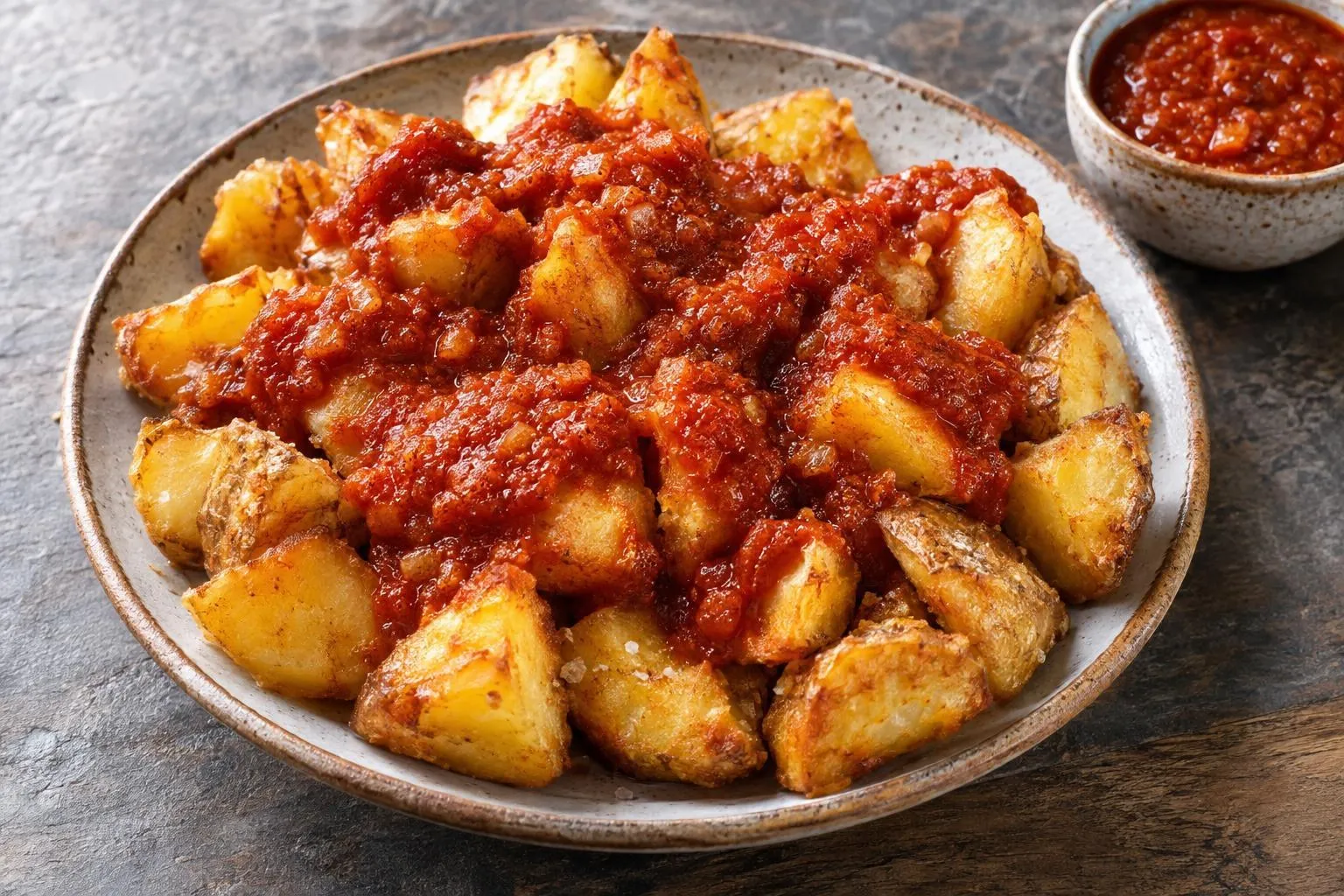 Patatas bravas with spicy tomato sauce plated and ready to serve