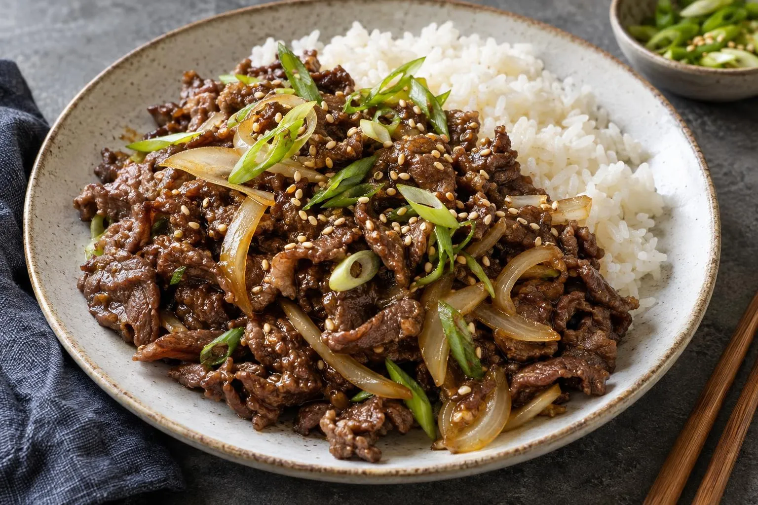 Beef bulgogi with pear and sesame plated and ready to serve
