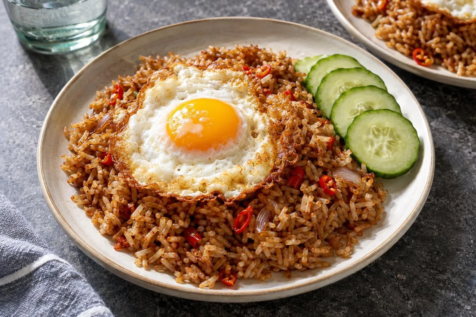 Nasi goreng with a fried egg plated and ready to serve