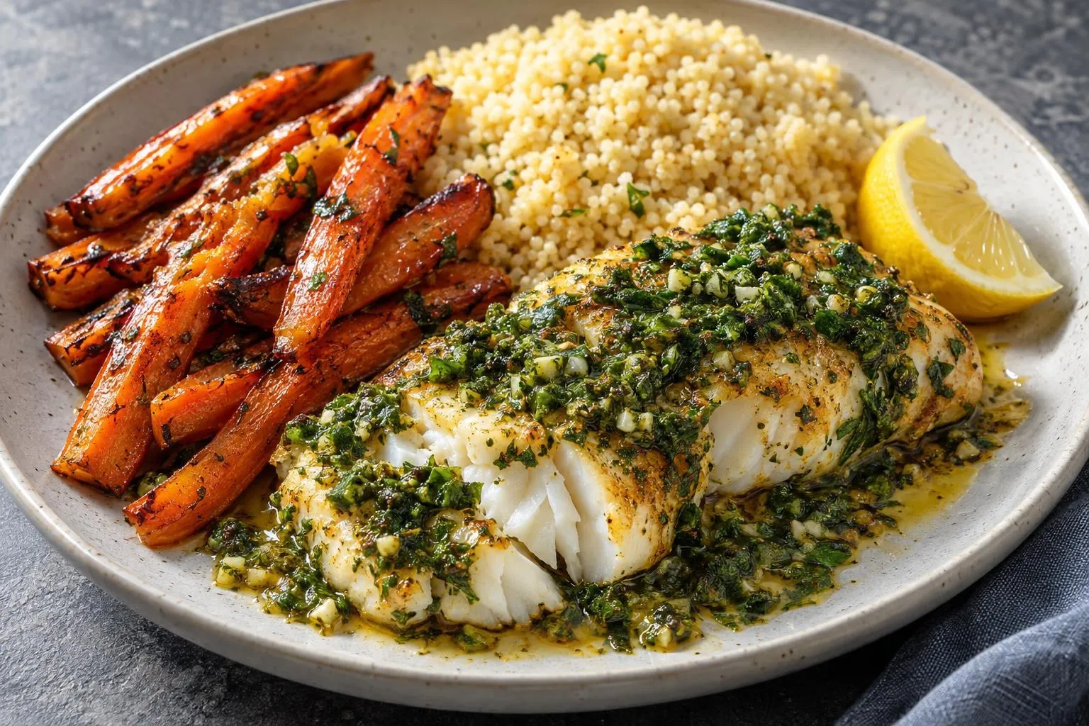 Chermoula cod with roasted carrots and couscous plated and ready to serve