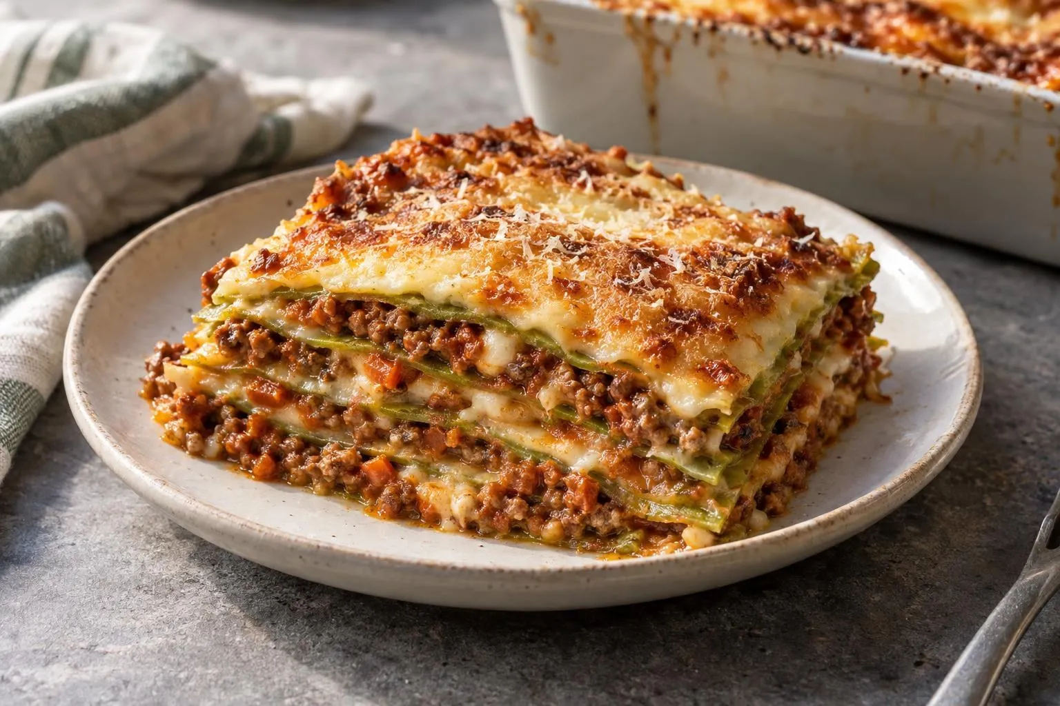 Lasagne alla bolognese with slow-simmered ragù plated and ready to serve