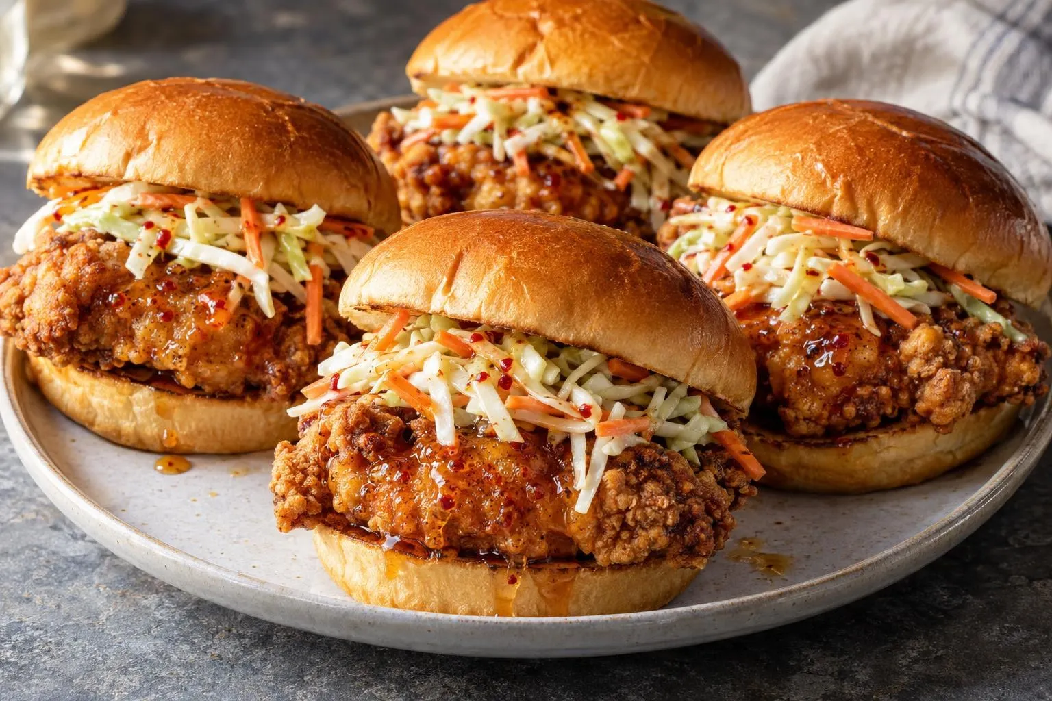 Hot honey chicken sandwiches with crunchy slaw plated and ready to serve