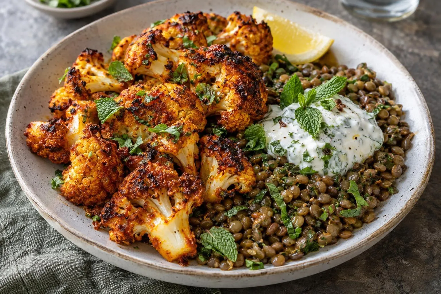 Tandoori cauliflower with mint yoghurt and lentils plated and ready to serve