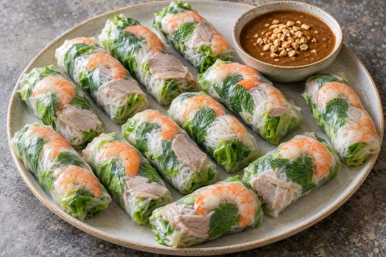Vietnamese fresh spring rolls with peanut sauce plated and ready to serve