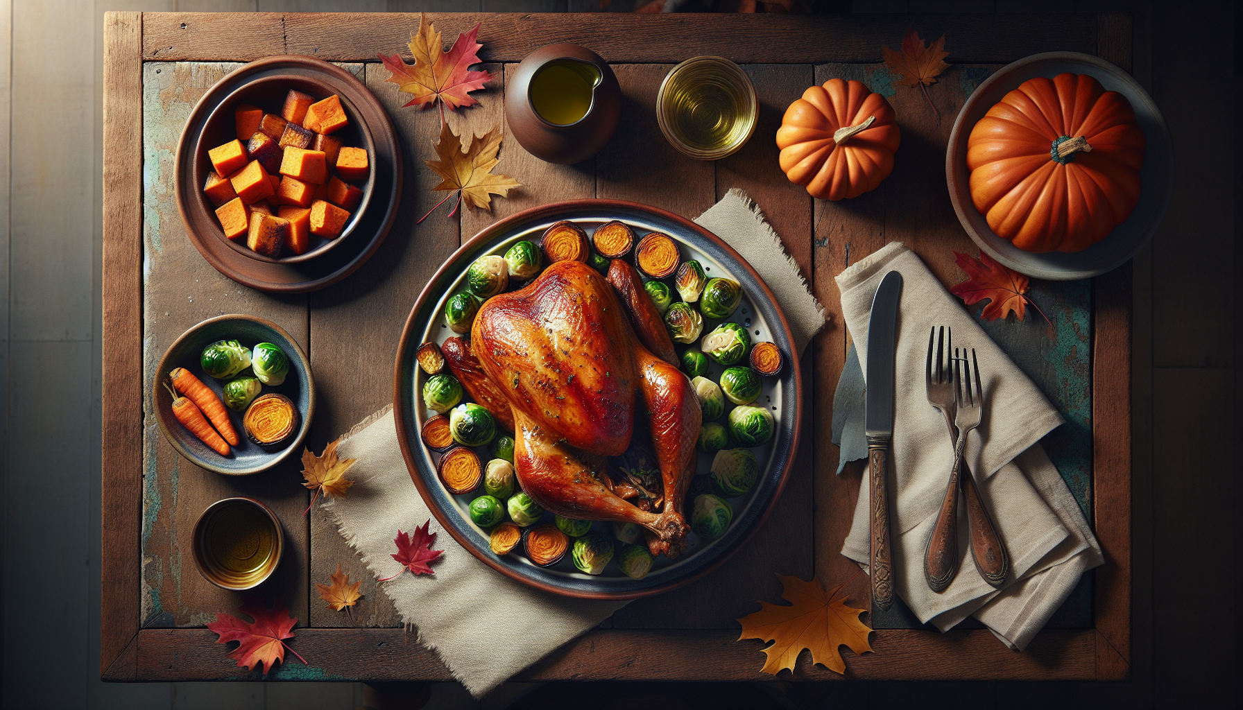 Autumn Roasted Turkey with Brussels Sprouts and Sweet Potatoes plated